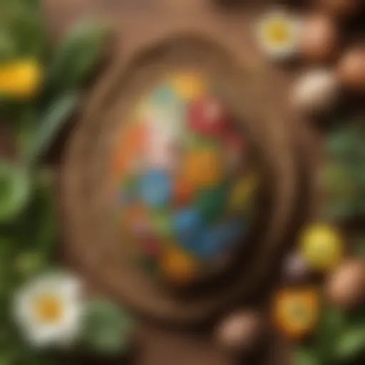 Colorful eggs adorned with natural materials like flowers and leaves