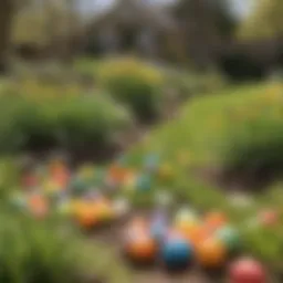 A creative outdoor Easter egg hunt setup featuring colorful eggs hidden in a garden
