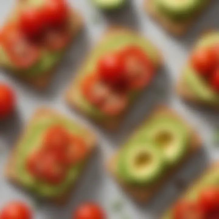 Whole grain crackers topped with avocado and cherry tomatoes