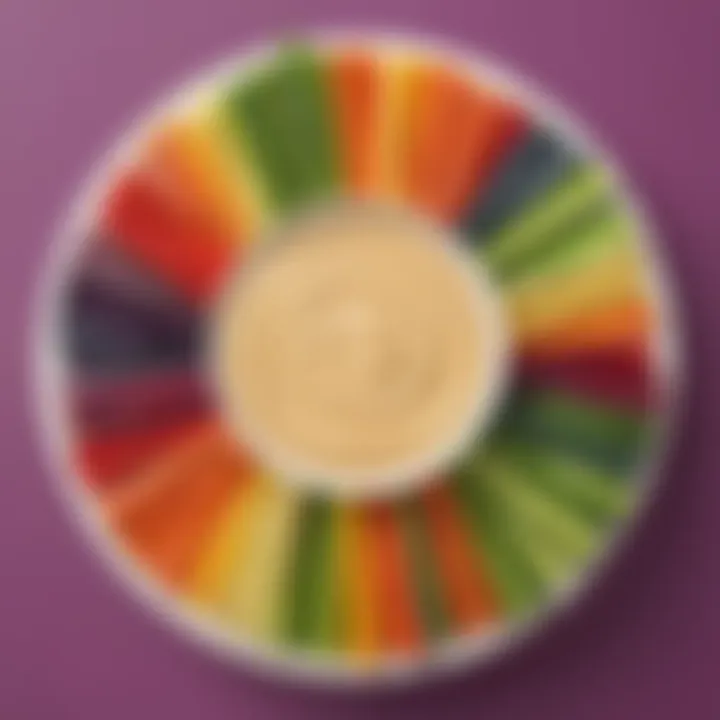 Veggie sticks arranged in a rainbow pattern with hummus dip