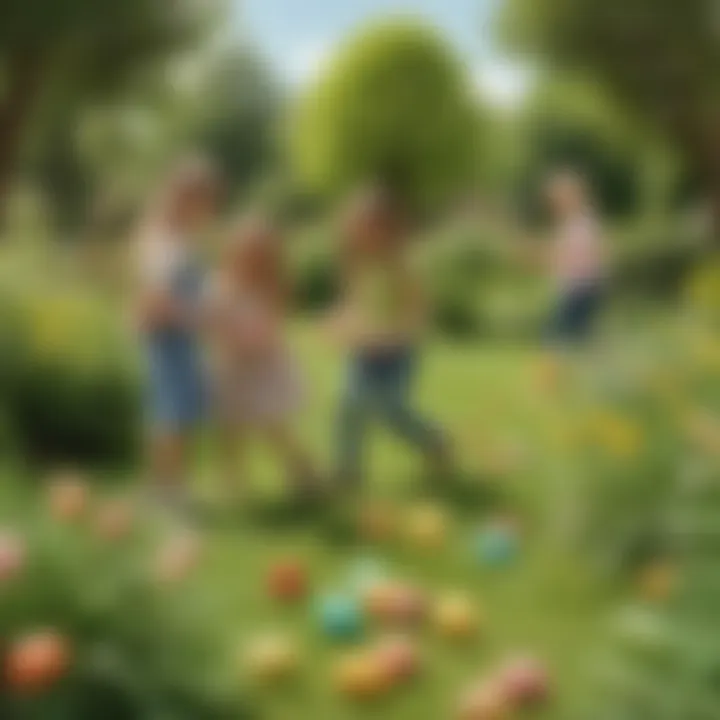 Children engaged in a fun Easter egg hunt, searching for colorful eggs hidden in a lush green garden.
