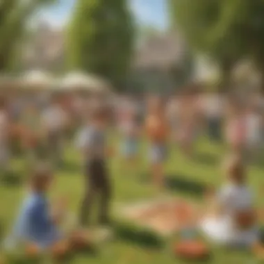 A group of children and adults enjoying engaging outdoor games, surrounded by cheerful decorations and a festive atmosphere.