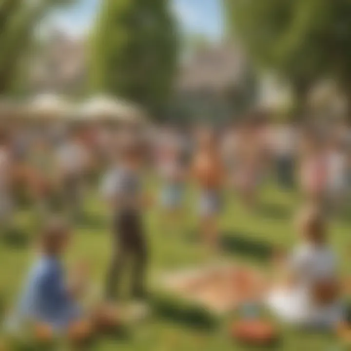 A group of children and adults enjoying engaging outdoor games, surrounded by cheerful decorations and a festive atmosphere.