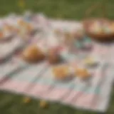 A beautifully arranged picnic blanket set up for an Easter celebration, adorned with pastel colors and vibrant decorations.