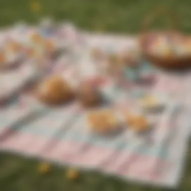 Easter Picnic Setup A beautifully arranged picnic blanket set up for an Easter celebration, adorned with pastel colors and vibrant decorations.