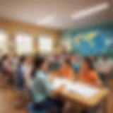 A vibrant classroom scene with children engaged in interactive learning activities.