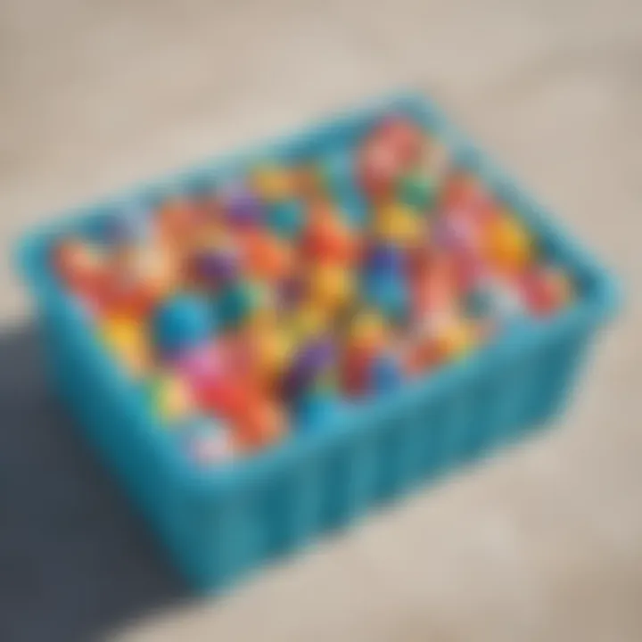Colorful pool toys neatly organized in a storage bin