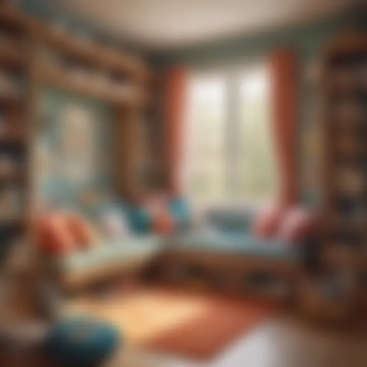A cozy indoor reading nook filled with books and cushions