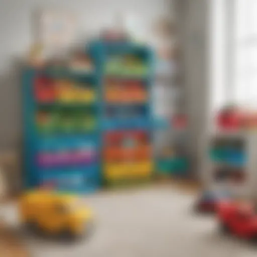 Colorful toy truck storage bins arranged in a playroom