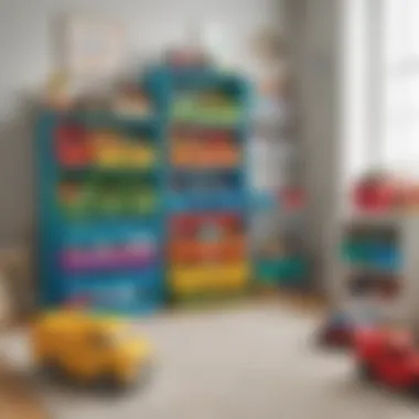 Vibrant Storage Solutions for Toy Trucks Colorful toy truck storage bins arranged in a playroom