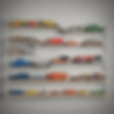Wall-mounted toy truck display showcasing various models