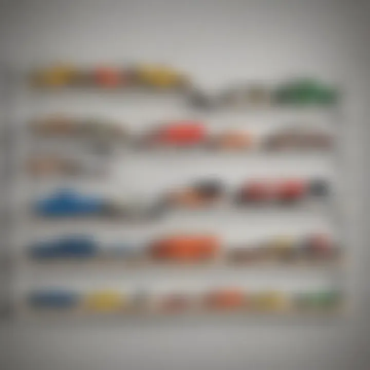Wall-mounted toy truck display showcasing various models