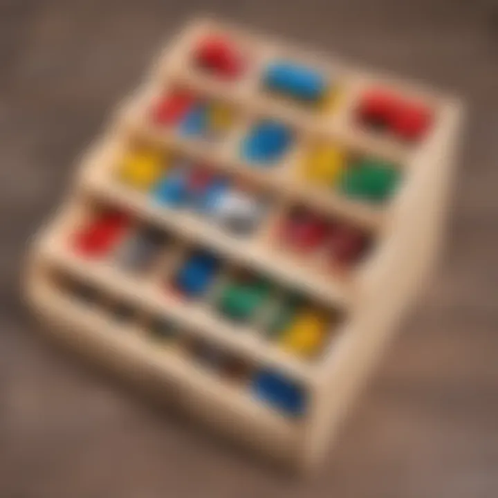 Wooden toy truck organizer with labeled compartments