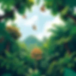 A vibrant canopy of tropical rainforest showcasing diverse tree species