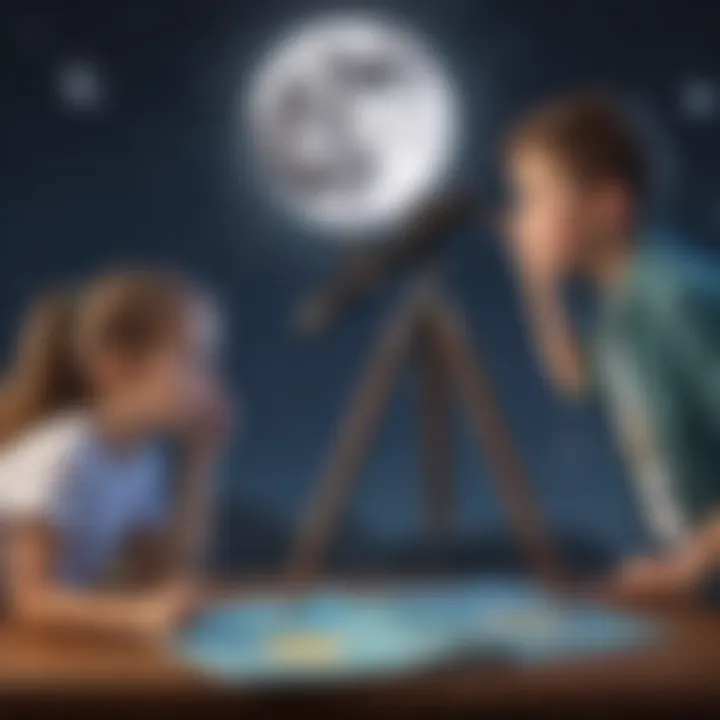 Illustration depicting kids exploring moon phases through a telescope