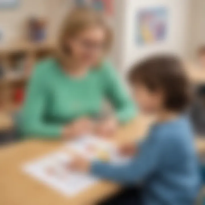 Illustration of a kindergarten teacher conducting a one-on-one assessment with a student