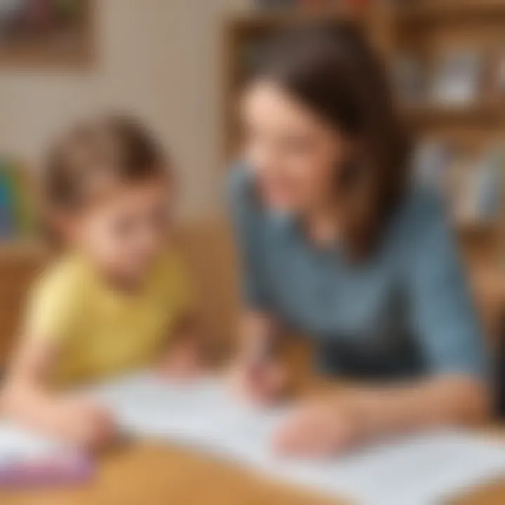 Teacher guiding kindergarten student in dictation activity