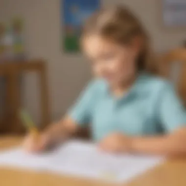 Illustration showing a young child engaged in reading sentences on a worksheet