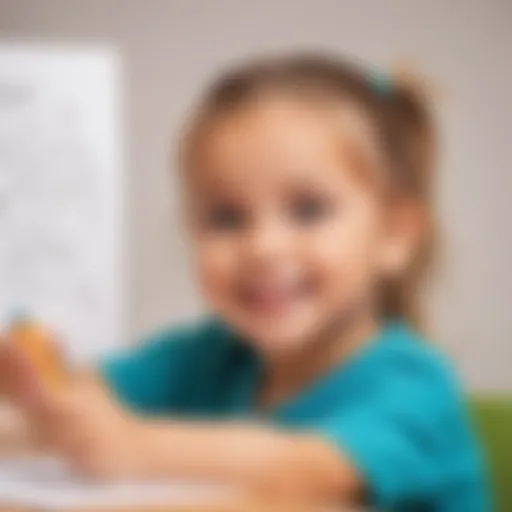 Illustration of a child joyfully tracing sight words on a worksheet