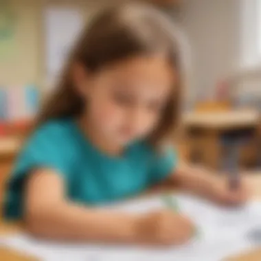 Kindergarten student working on homework sheet