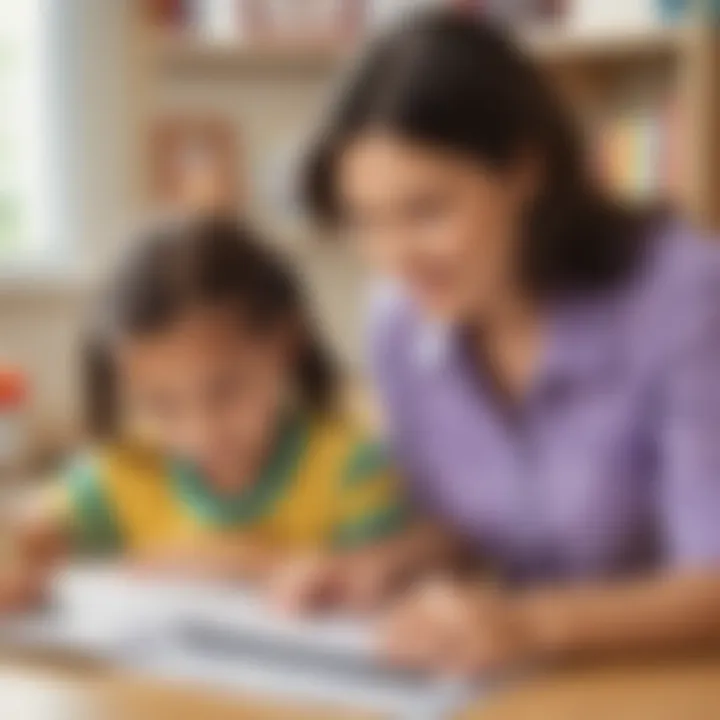 Kindergarten teacher guiding student through Education.com worksheet