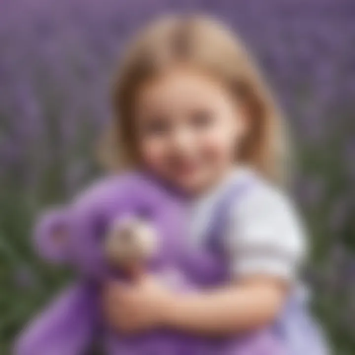 Child holding a lavender-infused teddy bear with a sense of wonder and joy