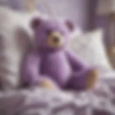 Cozy Lavender Teddy Bear in Bedroom Ambiance Lavender-scented teddy bear nestled among fluffy pillows in a cozy bedroom