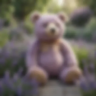 Enchanting Teddy Bear in a Tranquil Garden A whimsical lavender-stuffed teddy bear in a serene garden setting