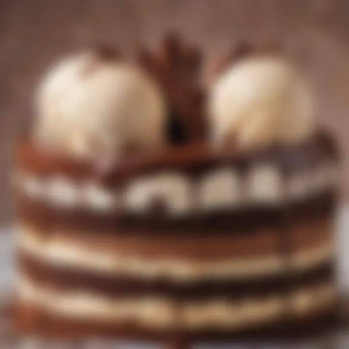 Close-up of layers of rich chocolate cake and creamy ice cream