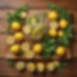 Fresh lemons and mint leaves arranged on a wooden table