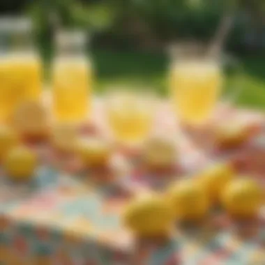 A sunny outdoor setting with lemonade glasses and a colorful tablecloth