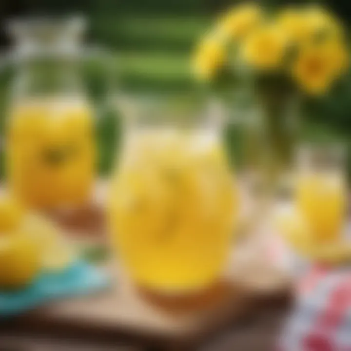 A glass pitcher filled with vibrant yellow lemonade sitting on a picnic table