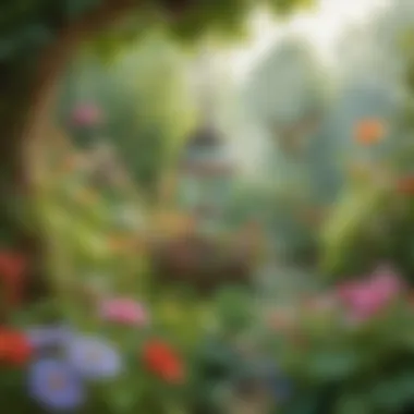 Enchanted Garden with Homemade Hummingbird Feeder Lush garden with a homemade hummingbird feeder hanging