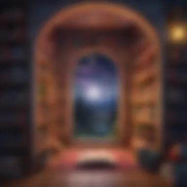 Enchanted Book Nook Illustration of a magical bookshelf filled with colorful books and a glowing light