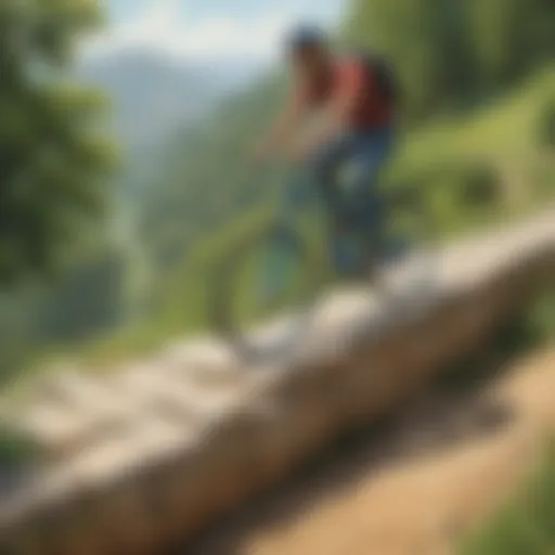 Cyclist balancing on a narrow pathway