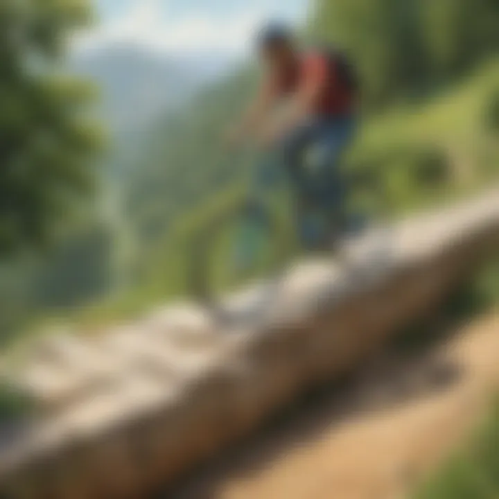 Cyclist balancing on a narrow pathway