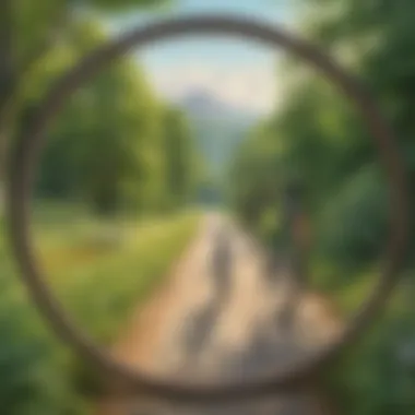 Bicycle wheel on a path surrounded by nature