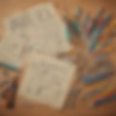 A variety of tools for letter drawing displayed on a table