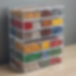 A neatly organized LEGO storage system featuring transparent bins and labeled compartments.
