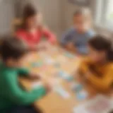 Group of children playing with colorful math cards