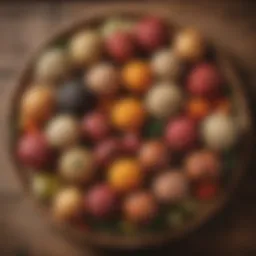 A colorful assortment of various meatless balls presented on a rustic wooden platter.