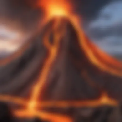 Molten lava flowing down volcano