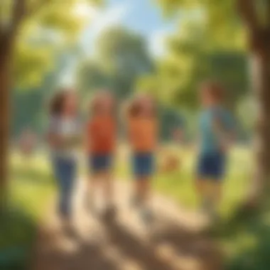 A group of children enthusiastically participating in a scavenger hunt in a sunny park