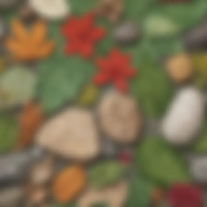 A close-up view of various natural items such as leaves, rocks, and flowers collected during a scavenger hunt
