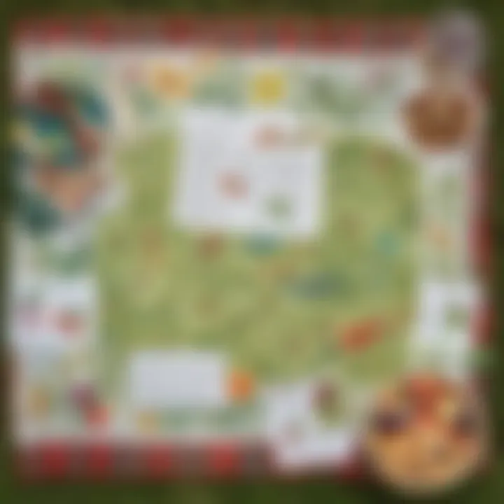 Colorful printables for a nature scavenger hunt laid out on a picnic blanket