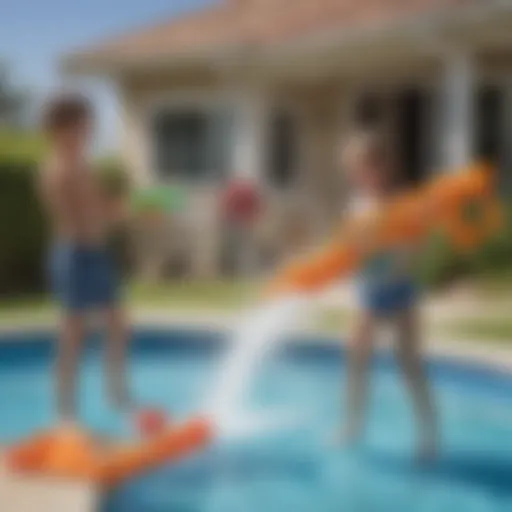 Children playing with Nerf water blaster by the pool