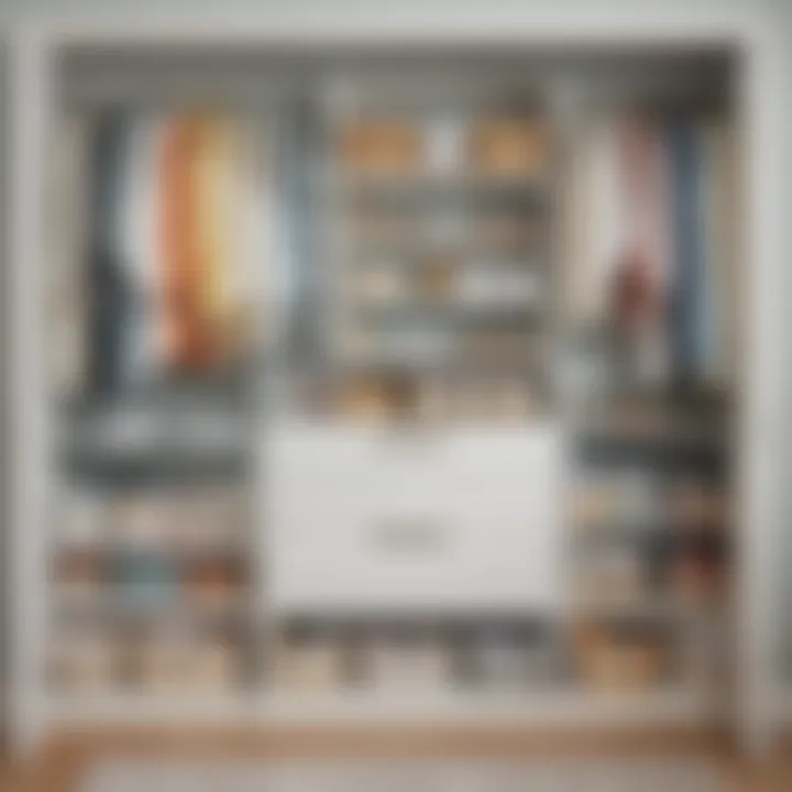 A creatively arranged closet using color-coded bins.