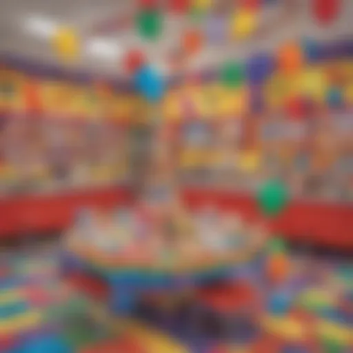 Colorful book-themed decorations and birthday setup at Chuck E. Cheese.