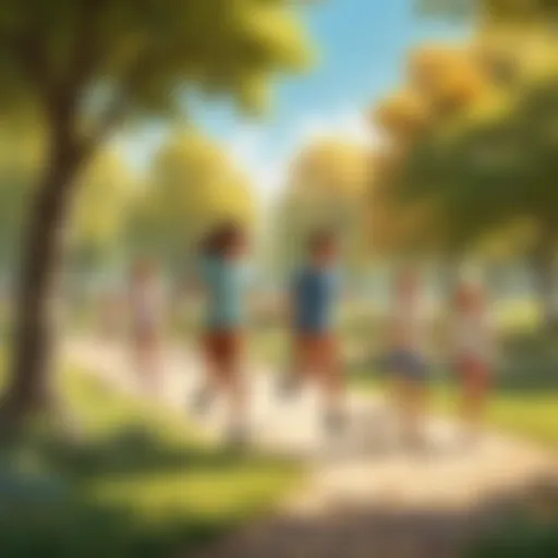 Children playing tag in a sunny park