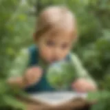 Preschooler using magnifying glass to observe plant